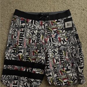 Hurley Black and White Board Shorts Graphic Swimwear